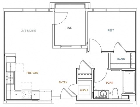 Floor plan for 1 bed, 1 bath, 705 sqft